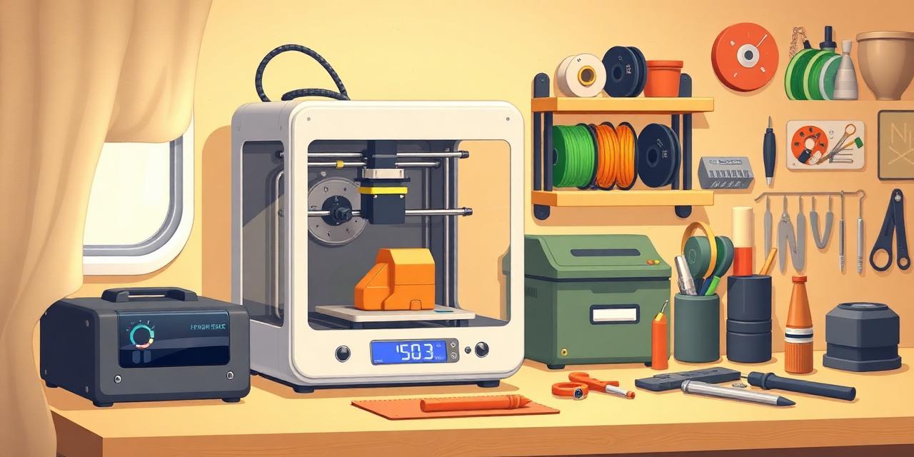 Cartoon-3D-Drucker mit Filamentrollen und Werkzeug