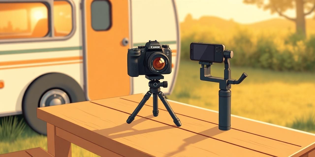 Cartoon-Illustration von Kamera, Actioncam und Smartphone-Gimbal auf einem Campingtisch