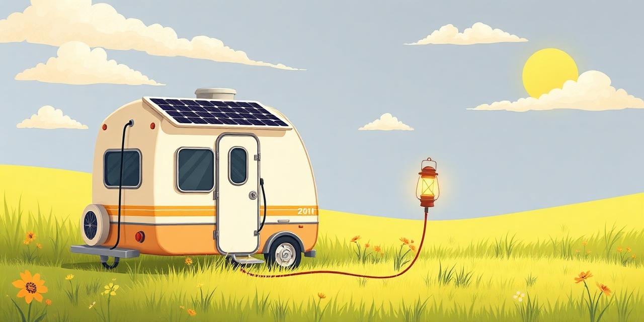 Cartoon-Wohnwagen mit Solarpanel und Powerstation auf sonniger Wiese