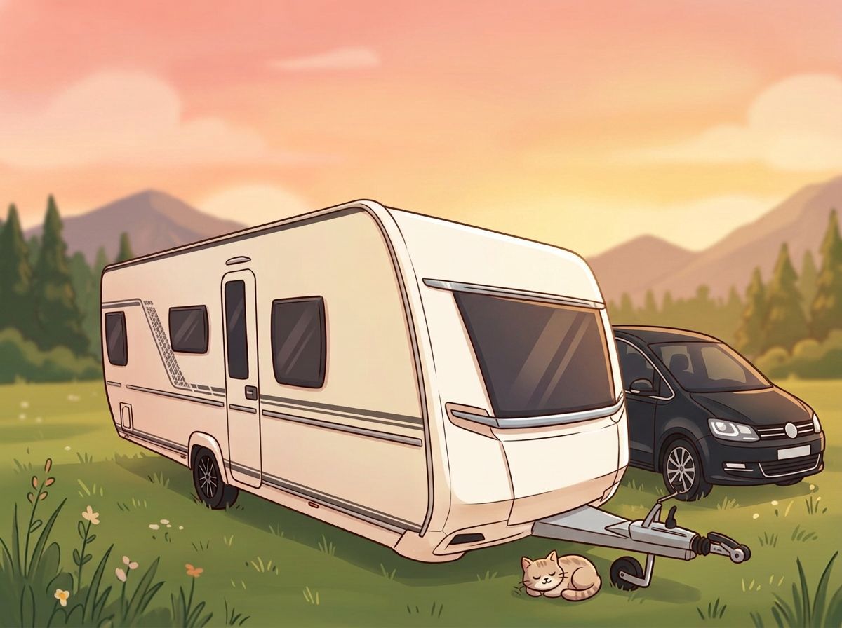 Cartoon-Illustration unseres Fendt Apero 560 SKM Wohnwagens im Sonnenuntergang